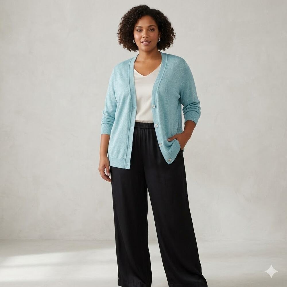 Chico's  Teal Silver Shimmer V-neck 3/4 Sleeve Button Sweater Cardigan Women 4